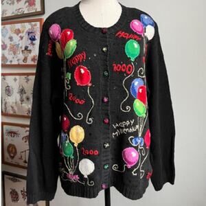 Vintage Y2K Millennium Cardigan | “Happy 2000” Embroidered Party Knit | M/L